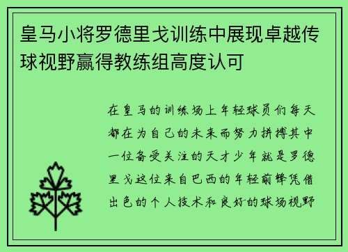 皇马小将罗德里戈训练中展现卓越传球视野赢得教练组高度认可