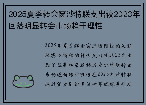 2025夏季转会窗沙特联支出较2023年回落明显转会市场趋于理性